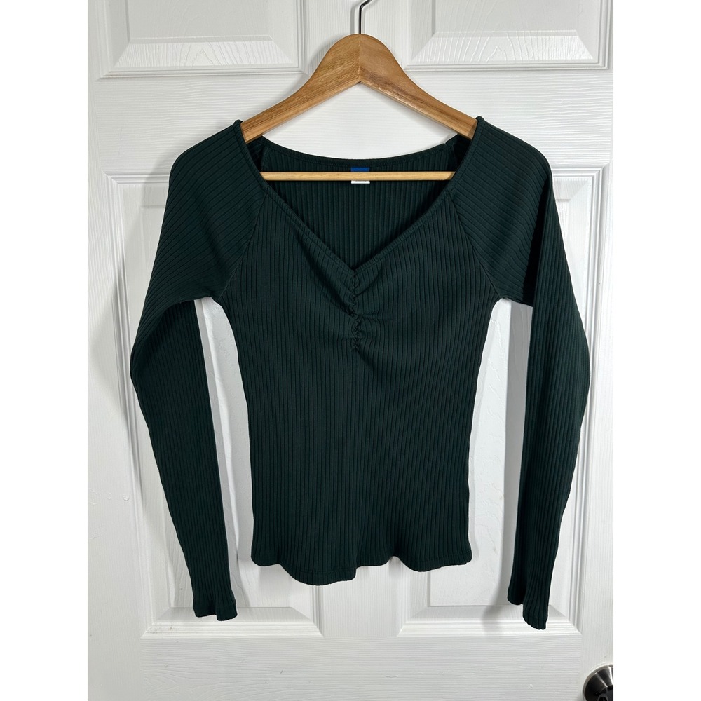 Old Navy Top Womens M Green Ribbed V-Neck Cinched Long Sleeve Casual Raglan 7252